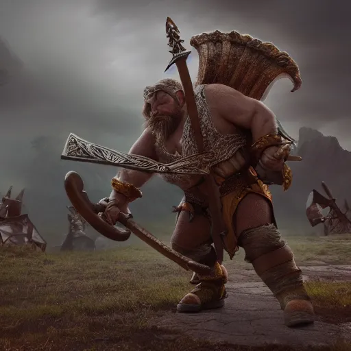 Image similar to a fantasy cinematic shot of a dwarf berserker swinging axes, fighting monsters, octane render, hyperreal, 8 k