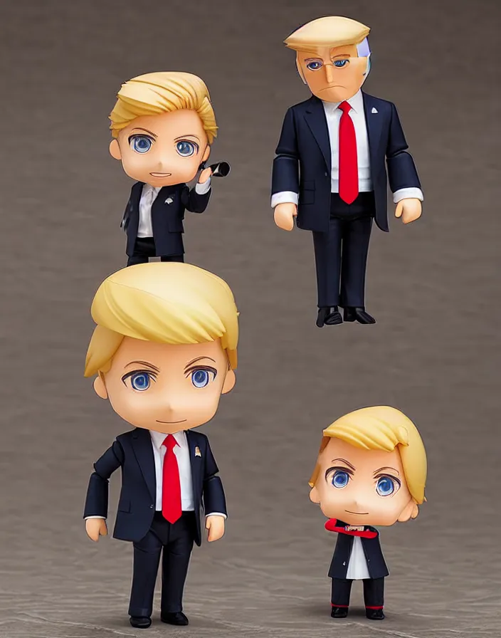 Image similar to singular donald trump nendoroid, well - designed, proportional, realistic lighting, chibi proportions