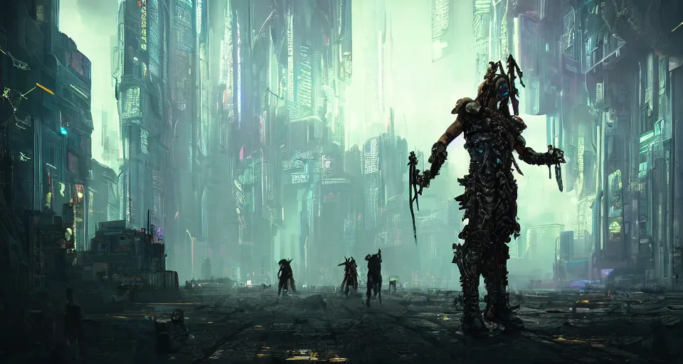 Image similar to cyberpunk gladiator, cinematic, highly detailed, octane render, cg, rich cinematic atmosphere, perfect digital art, mystical journey in strange world, Mystical, cyberpunk, tech war, sci-fi, surreal, glowing lights, sharp focus, dystopia, post apocalyptic vibes, high detailed, by Akihiko Yoshida, michael whelan and Karol Bak - H 1024