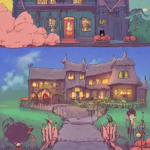 Image similar to a whimsical halloween night in a village in the style of studio ghibli by miyazaki