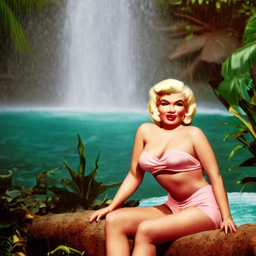 Image similar to a very beautiful award winning kodachrome of jayne mansfield under a tropical waterfall, full body, pale pink bikini, pink lipstick, detailed face, cinematic lightning, golden hour, medium shot, dslr, cryengine, raytracing, 4 k, cinematic wallpaper by gil elvgren, robert maguire, rudolf belarski