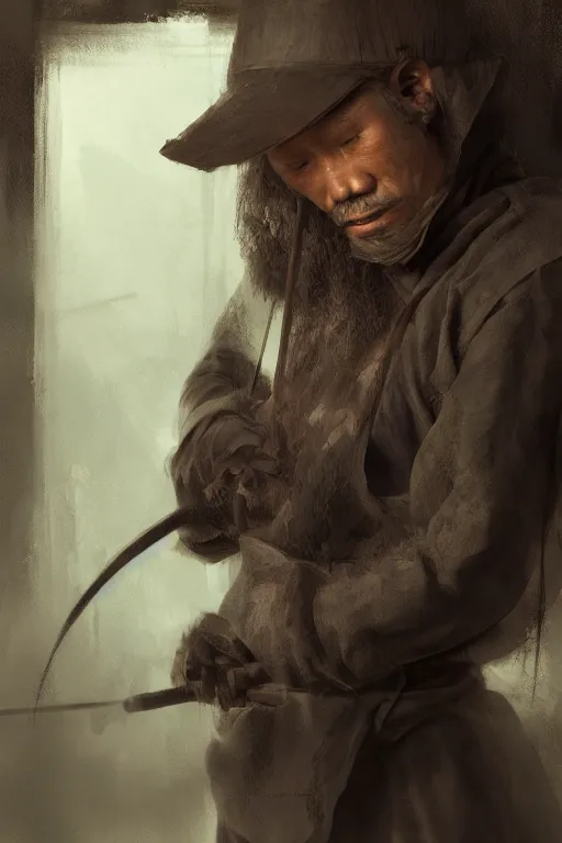 Prompt: Japanese blacksmith, portrait, poor, intricate, elegant, volumetric lighting, scenery, digital painting, highly detailed, artstation, sharp focus, illustration, concept art,ruan jia, steve mccurry