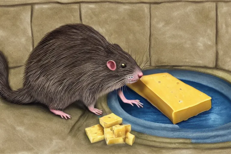 Image similar to a giant creepy rat eating cheese in a sewer, photo - realistic, hyper realism,