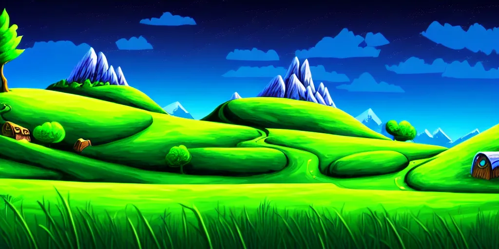 Prompt: blue night cartoon cartoon concept art, grass mountain landscape, from sam and max, black blue green, spiral lines