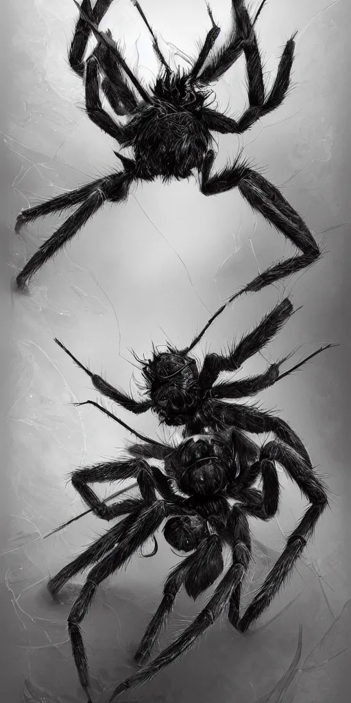 Image similar to highly detailed beautiful black and white photography of spiders, sharp focus, dynamic lighting, elegant harmony, beauty, masterpiece, by riccardo federici, by james jean, by craig mullins, by lois van baarle, by makoto shinkai, by greg tocchini, by greg rutkowski, illustration, ink draw, pen,