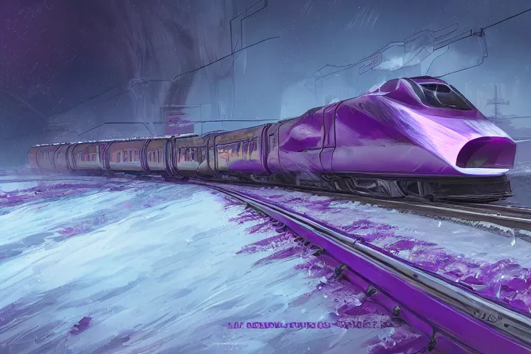 Prompt: willy wonka's grand intricate futuristic purple colorful bullet train, post - apocalyptic ice landscape in snowstorm, concept art, artstation, highly detailed, digital art