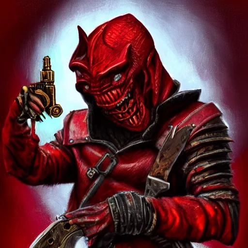 Prompt: A red dragonborn wearing a leather jacket and pointing an old pistol at the viewer. Face close-up. D&D. Portrait.