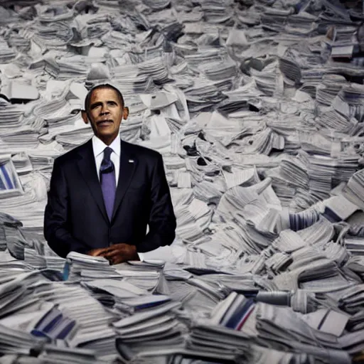 Prompt: film still cnn obama nervously standing next to a mountain of papers, 4 k