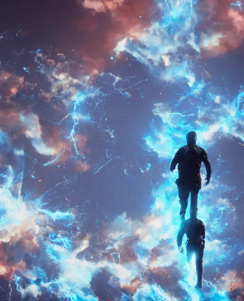 Prompt: a cinematic scene of a giant elon musk in sky blue armor walking away from a explosion of blue twitter birds, photorealistic