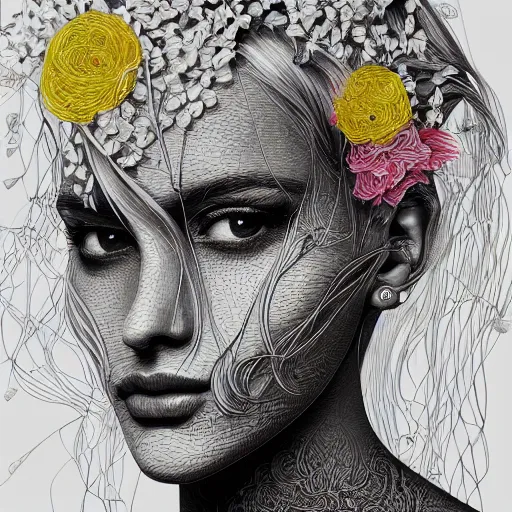 Image similar to a portrait of an incredibly beautiful, colorful, graceful, elegant, and sophisticated young blonde girl made of garlic, an ultrafine detailed illustration by james jean, intricate linework, bright colors, final fantasy, behance contest winner, vanitas, angular, altermodern, unreal engine 5 highly rendered, global illumination, radiant light, detailed and intricate environment