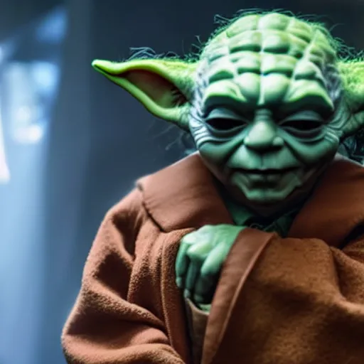 Image similar to stunning awe inspiring yoda as the joker, movie still 8 k hdr atmospheric lighting