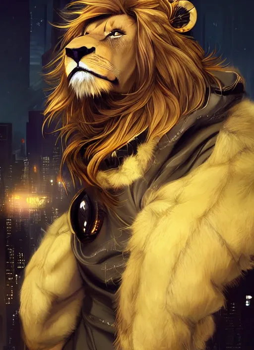 Image similar to award winning beautiful portrait commission of a male furry anthro lion fursona with a tail and a cute beautiful attractive detailed furry face wearing stylish black and gold cyberpunk clothes in a cyberpunk city at night while it rains. Character design by charlie bowater, ross tran, artgerm, and makoto shinkai, detailed, inked, western comic book art