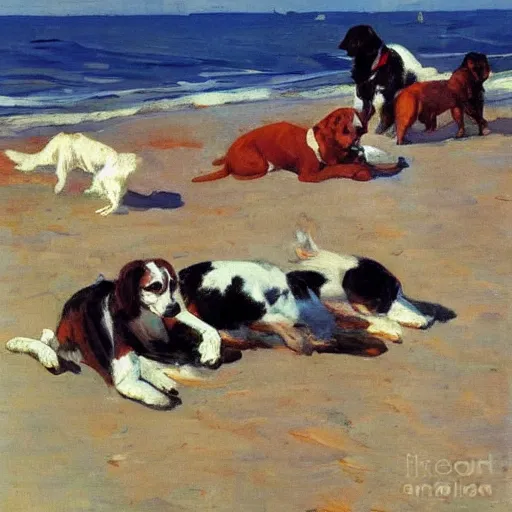 Image similar to dogs on the beach painted by sorolla