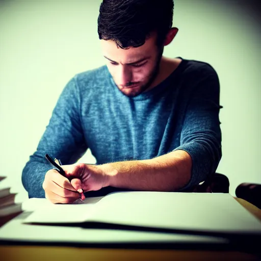 Image similar to a photograph of a man writing the novel of his life story, award - winning photograph, studio lighting, dramatic colors, striking lighting, perfect composition