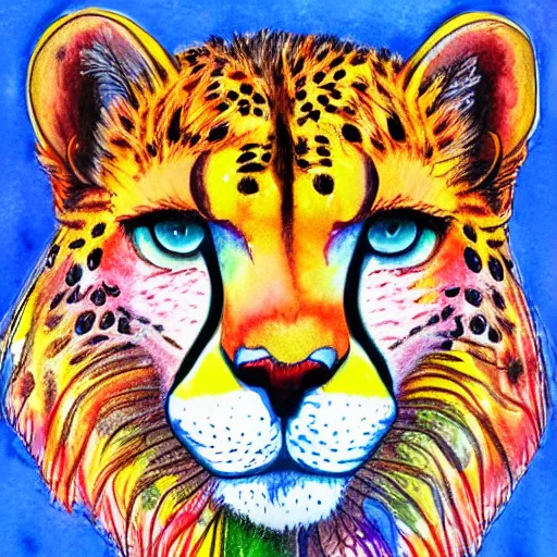 Prompt: colorful cheetah face in the style of laurel burch detailed watercolor and colored pencil painting 4 k