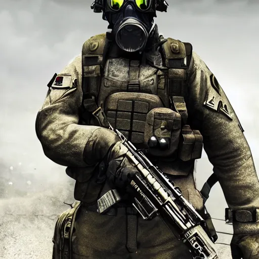 Prompt: Tactical soldier wearing gas mask and holding machine gun, call of duty, tactical, soldier, 8k, ultra hd, perfect light