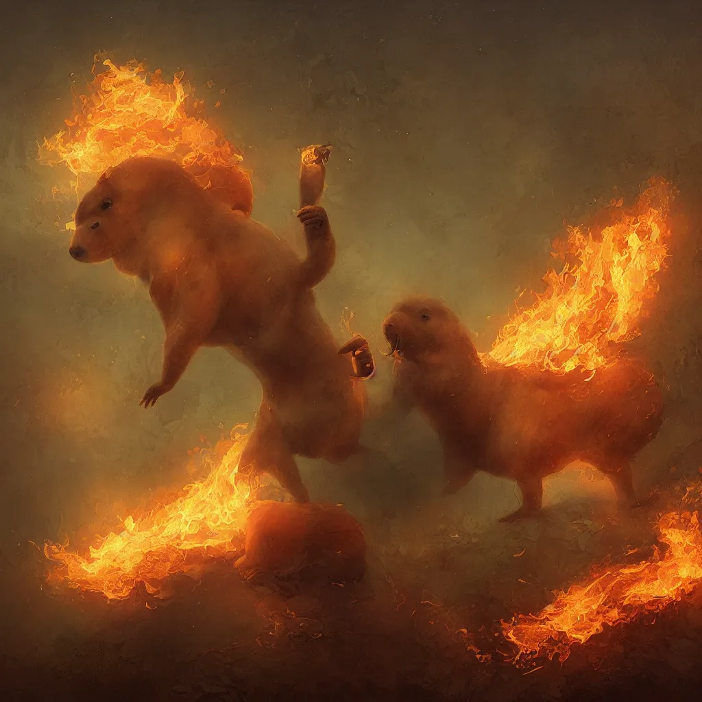 Image similar to only one singular capybara engulfed in flames, wetlands as background, digital oil painting in the style of Tom Bagshaw, Cedric Peyravernay, Peter Mohrbacher