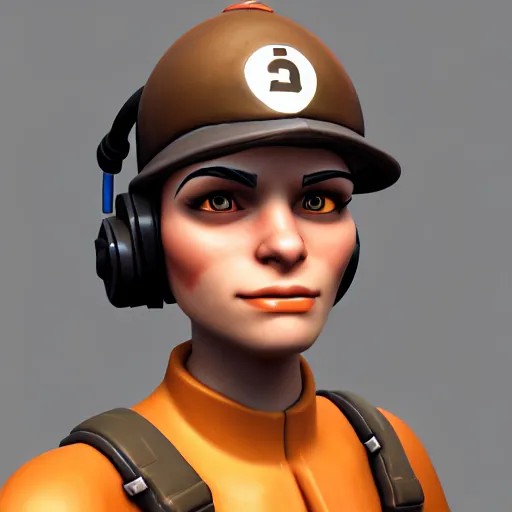 Image similar to 3 d render portrait of engineer from team fortress 2 by valve as a woman, 4 k, 8 k, hd, high resolution, highly detailed, ultra realistic faces, digital art, trending on artstation, team fortress 2