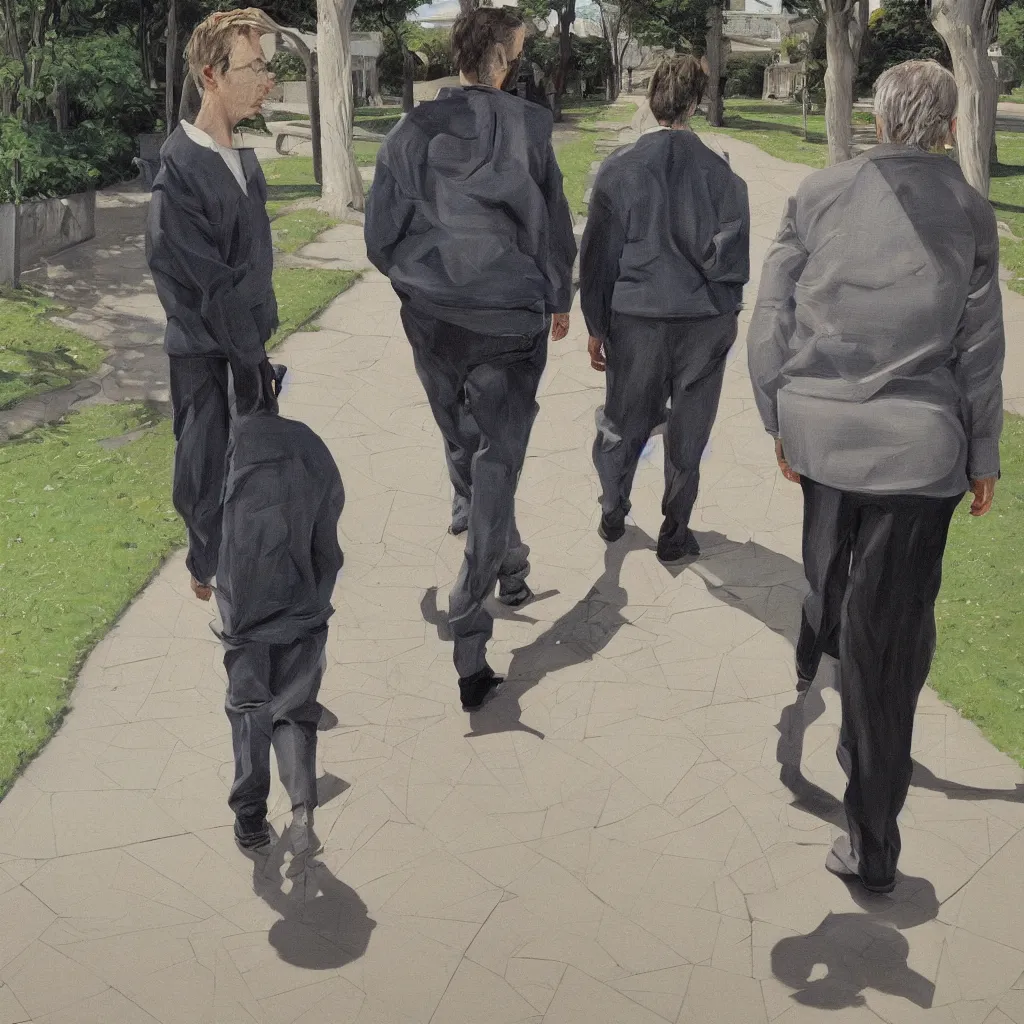 Image similar to high quality high detail painting of todd solondz walking with a friend by lucian freud and kuvshinov ilya and francis bacon, hd, photorealistic lighting