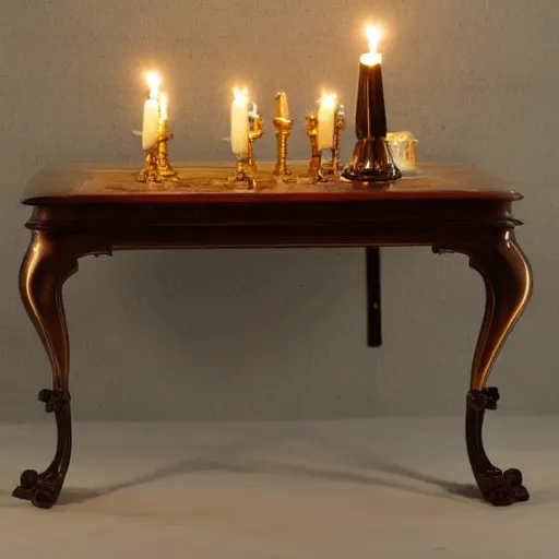 Image similar to luxurious baroque table with a single candle and wine bottle, warmly lit, zen, soft lighting, romantic