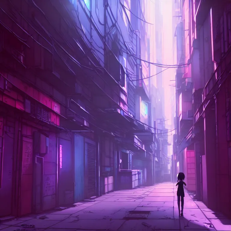 Image similar to city alleyway in the atmospheric cyberpunk anime film, gouache matte background painting, neon noir, at night with lights, by makoto shinkai, in the anime series ergo proxy, beautiful specular edge highlights and rim lighting