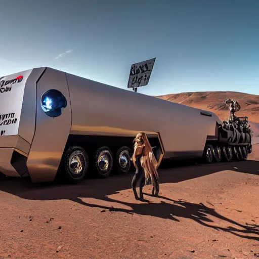 Prompt: 4 k hdr wide angle sony a 7 photo of a stainless steel shiny cybertruck surrounded by a mob of beautiful instagram model women protestors on mars during a blue martian sunset