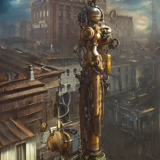 Image similar to two steampunk robots standing on a building, apocalyptic, apocalyptic city, gloomy, 8 k, octane render, ultra detailed, art by artgerm and greg rutkowski and alphonse mucha, artstation