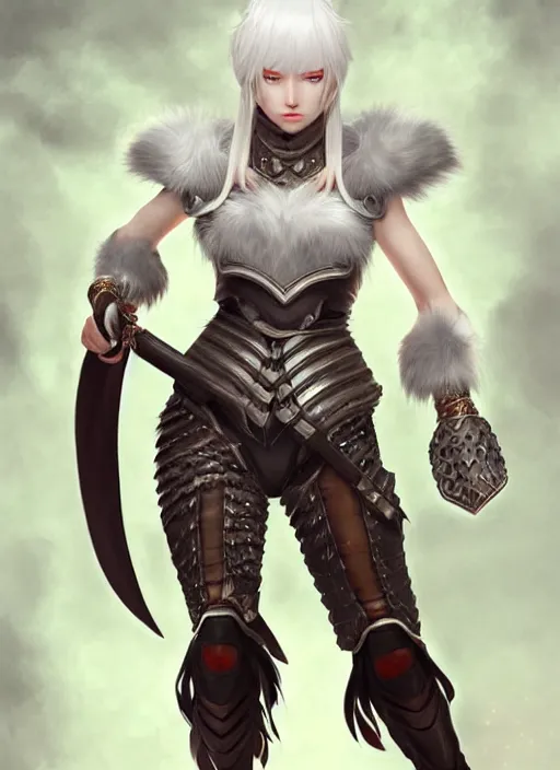 Image similar to warrior, fur leather armor!!! beautiful and elegant white hair female!! gorgeous ayes!! character concept art, sharp focus, octane render! unreal engine 5! highly rendered!! trending on artstation!! detailed linework!! illustration by artgerm, wlop, and chie yoshii