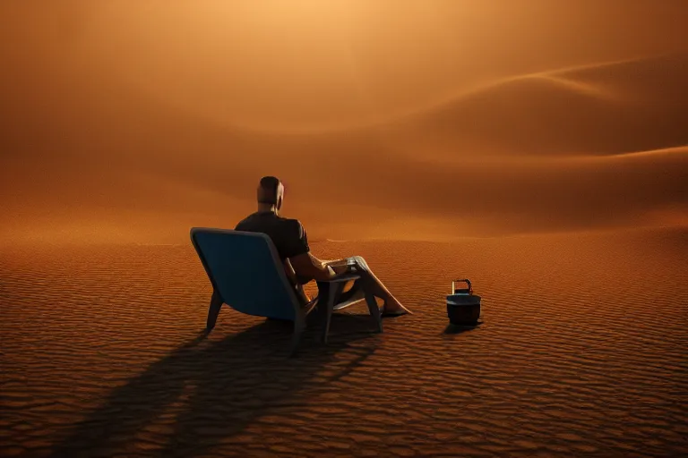 Prompt: a man is sitting on the chair in the desert and his arms and legs are melting, surreal, 4k, ultra details, cinematic, epic style, beautiful photo, hyper realistic, octane render, unreal engine, award winning, on artstation, volumetric lightning, masterpiece, golden hour,