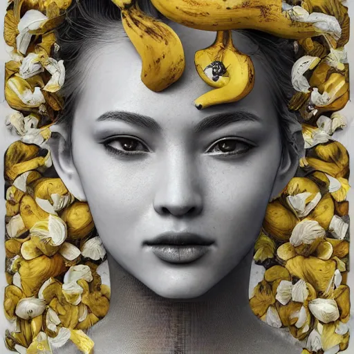 Prompt: the portrait of an absurdly beautiful, graceful, elegant, and wise young woman made of bananas and petals, an ultrafine detailed illustration by kim jung gi, irakli nadar, intricate linework, bright colors, final fantasy, behance contest winner, angular, unreal engine 5 highly rendered, global illumination, radiant light, detailed and intricate environment