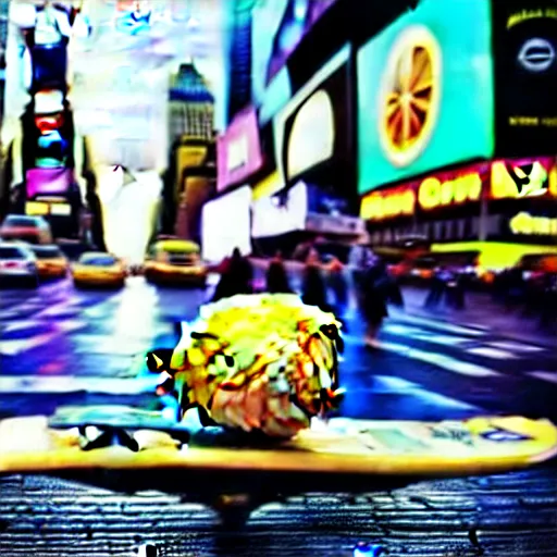 Image similar to a cool lemon riding a skateboard in times square new york