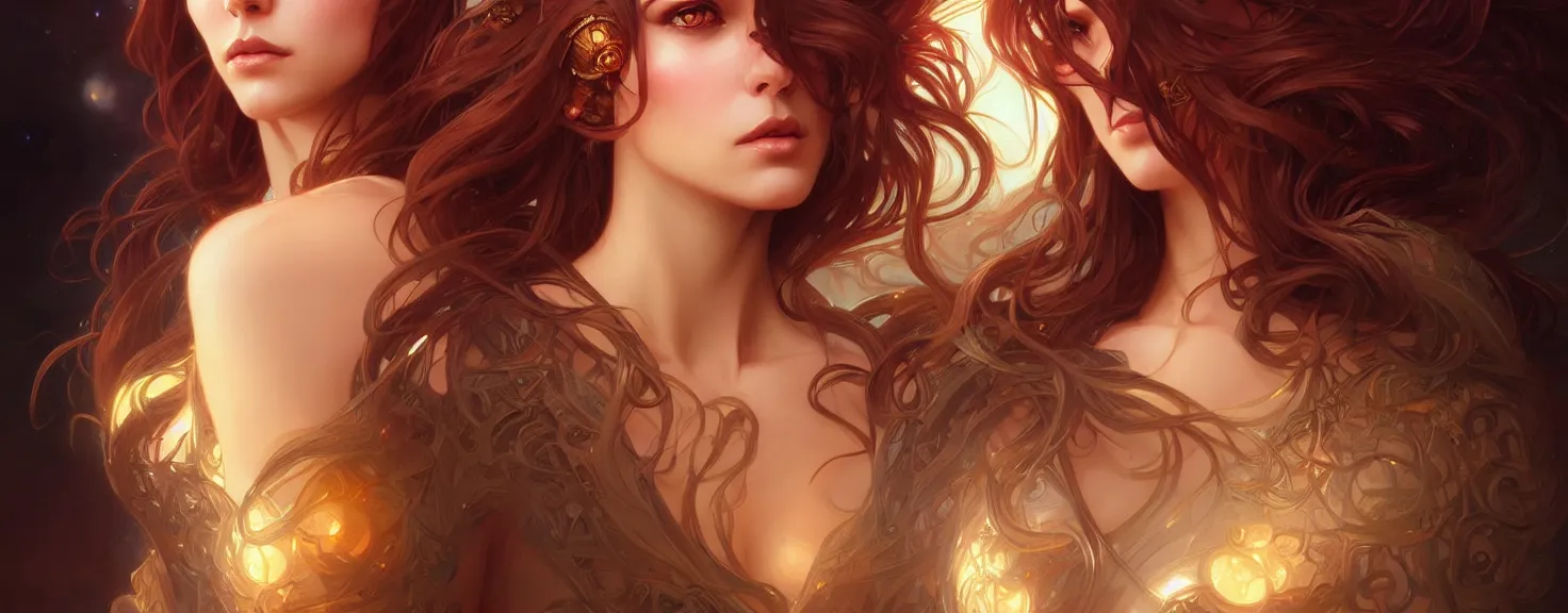 Image similar to fantasy magic woman portrait, sci-fi, amber eyes, face, long hair, fantasy, intricate, elegant, highly detailed, digital painting, artstation, concept art, smooth, sharp focus, illustration, art by artgerm and greg rutkowski and alphonse mucha