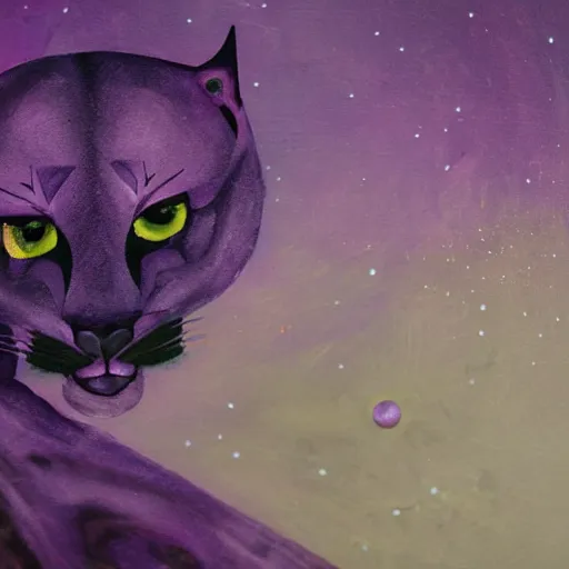 Prompt: closeup of a purple panther roaring at the moon in the forest. night. large moon in the center. z. araga. cinematic. painting. concept art. rustic. gritty.