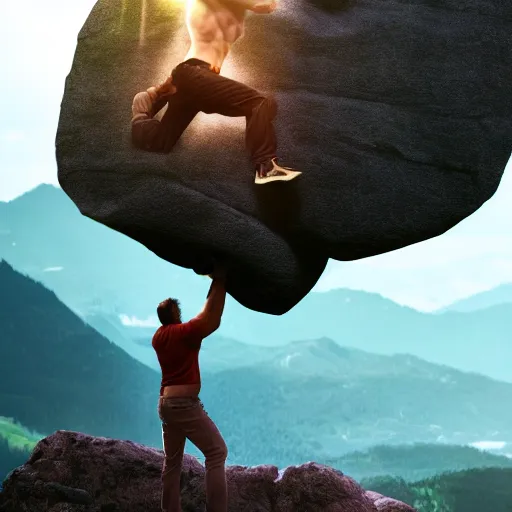 Prompt: a man holding a boulder over his head, backlit, fantasy art, bulging veins, long beard, red hair, mountains in the background