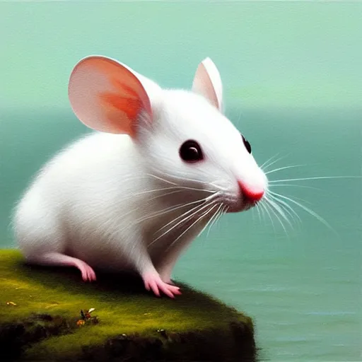 Image similar to animated white mouse with big ears portrait, dramatic light, lake background, 2 0 0 mm focal length, painted by stanley lau, painted by greg rutkowski, painted by stanley artgerm, digital art, trending on artstation