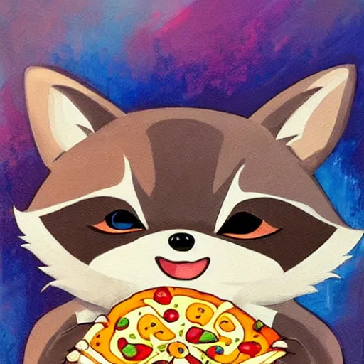 Prompt: a jeremiah ketner and studio ghibli acrylic impasto! painting! of a sad and teary and adorable and cute raccoon eating pizza