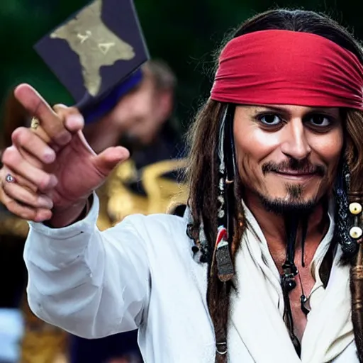 Image similar to photo of emmanuel macron as captain jack sparrow, full body shot, sharp focus, award - winning