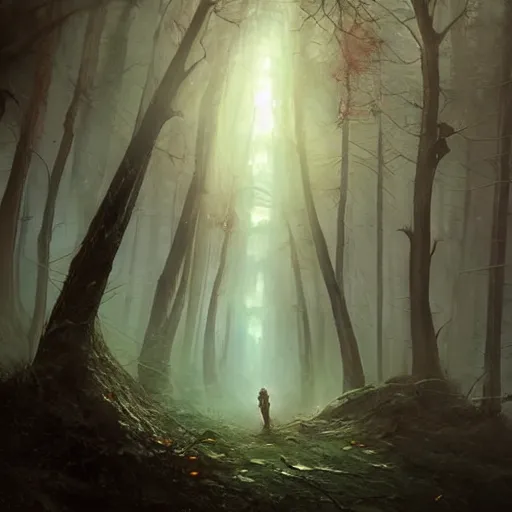 Image similar to ''cinematic shot'' dark hooded mage ( spectre ) using his magic to create zombies in the dead forest with leaves falling simetrical 8 k atmosferic realistic made by ivan aivazovsky, peter mohrbacher, greg rutkowski volumetric light effect broad light oil painting painting fantasy art style sci - fi art style realism premium prints available artwork unreal engine