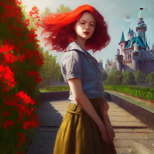 Image similar to red hair girl, chernobyl powerplant, disneyland castle, rubble, flowers, vines, hyperrealistic, highly detailed, cinematic, single ray of golden sunlight, beautiful, cgssociety, artstation, 8 k, oil painting by greg rutkowski, by artgerm, by wlop