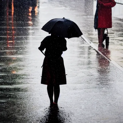 Image similar to heavy rain and a girl with an umbrella searching the sun