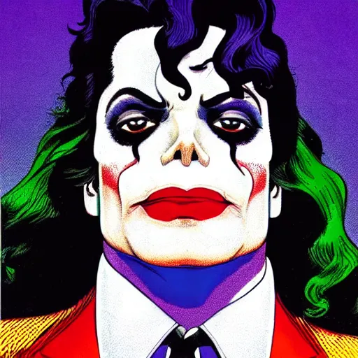 Image similar to dynamic macro head portrait of beautifu michael jackson as the joker in white sequined jacket by john romita sr and cory walker and ryan ottley and jack kirby and barry windsor - smith, comic, illustration, photo real