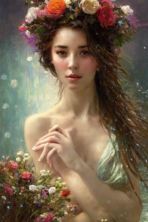 Image similar to portrait of a beautiful mysterious woman holding a bouquet of flowing flowers, wet dripping long hair, hands hidden under the bouquet, emerging from the water, fantasy, regal, intricate, by stanley artgerm lau, greg rutkowski, thomas kindkade, alphonse mucha, loish, norman rockwell