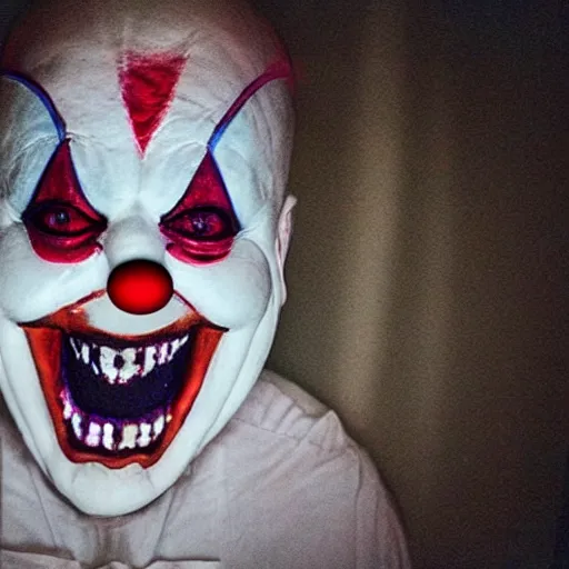 Image similar to terrifying clown in the corner of a dark room, creepypasta, blurry camera photo