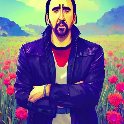 Prompt: a portrait of Nicolas Cage, field of flowers background, rich vivid colors, ambient lighting, dynamic lighting, 4k, official media, anime key visual, makoto shinkai, ilya kuvshinov, lois van baarle, rossdraws, detailed, trending on artstation