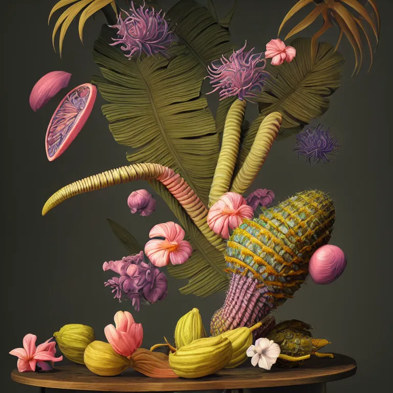 Image similar to still life of surreal alien pastel tropical flowers, surreal alien ribbed tropical fruit, white human spine, baroque painting, beautiful detailed intricate insanely detailed octane render, 8K artistic photography, photorealistic, chiaroscuro, Raphael, Caravaggio