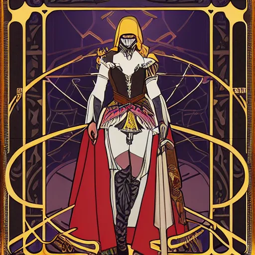 Image similar to an ultra detailed vector image of solare of astora dressed as ezio auditore, concept art by alphonse mucha and greg rutkowski, praise the blood moon, octane render, liminal space