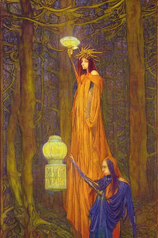 Image similar to queen of the forest with her lantern, by Annie Swynnerton and Nicholas Roerich and jean delville, dramatic cinematic lighting , ornate headdress , flowing robes, lost civilizations, extremely detailed