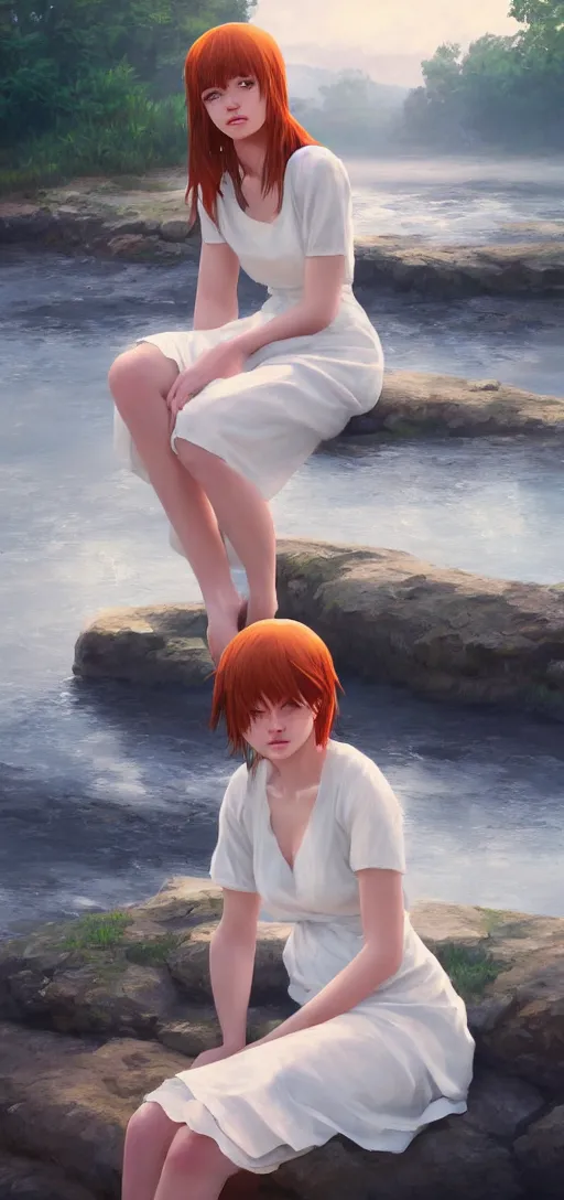 Prompt: southern ginger woman in simple cream dress sitting beside a river, airbrushed, hazy, gentle, soft lighting, wojtek fus, by makoto shinkai and ilya kuvshinov,