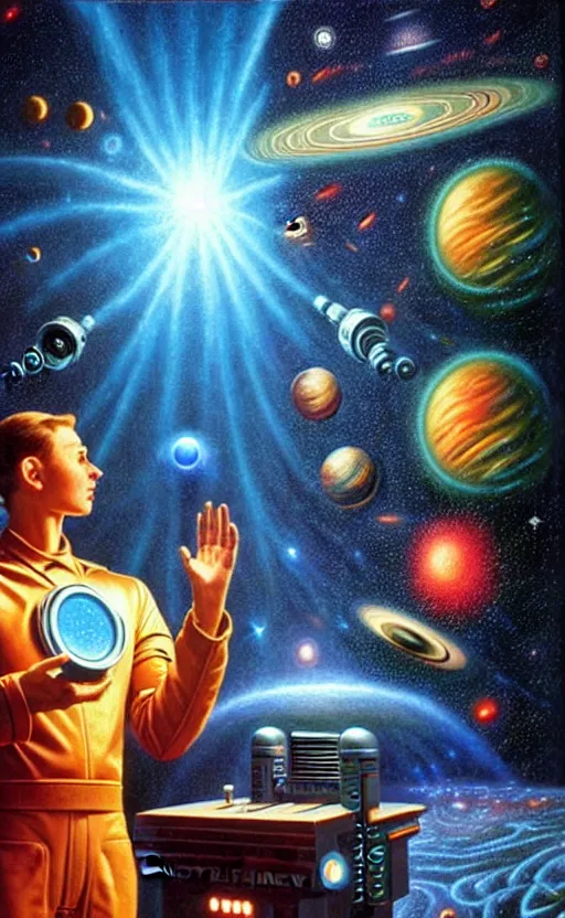 Prompt: a photorealistic detailed cinematic image of an artificially intelligent cyborg explaining the origins of of the universe, emotional, compelling, by pinterest, david a. hardy, kinkade, lisa frank, wpa, public works mural, soviet propaganda