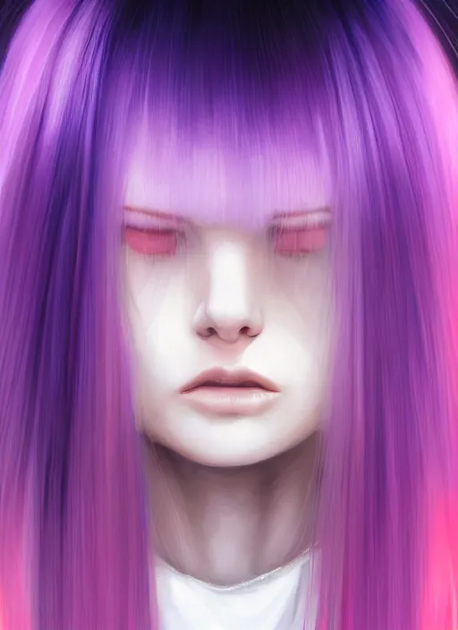 Image similar to hair whitebangs hair, black hair, blackbangswhitehair, portrait of teenage girl with white bangs, red irises, purple clothes, white bangs, bangs are different color from hair, intricate, elegant, glowing lights, highly detailed, digital painting, artstation, concept art, sharp focus, illustration, art by wlop, mars ravelo and greg rutkowski